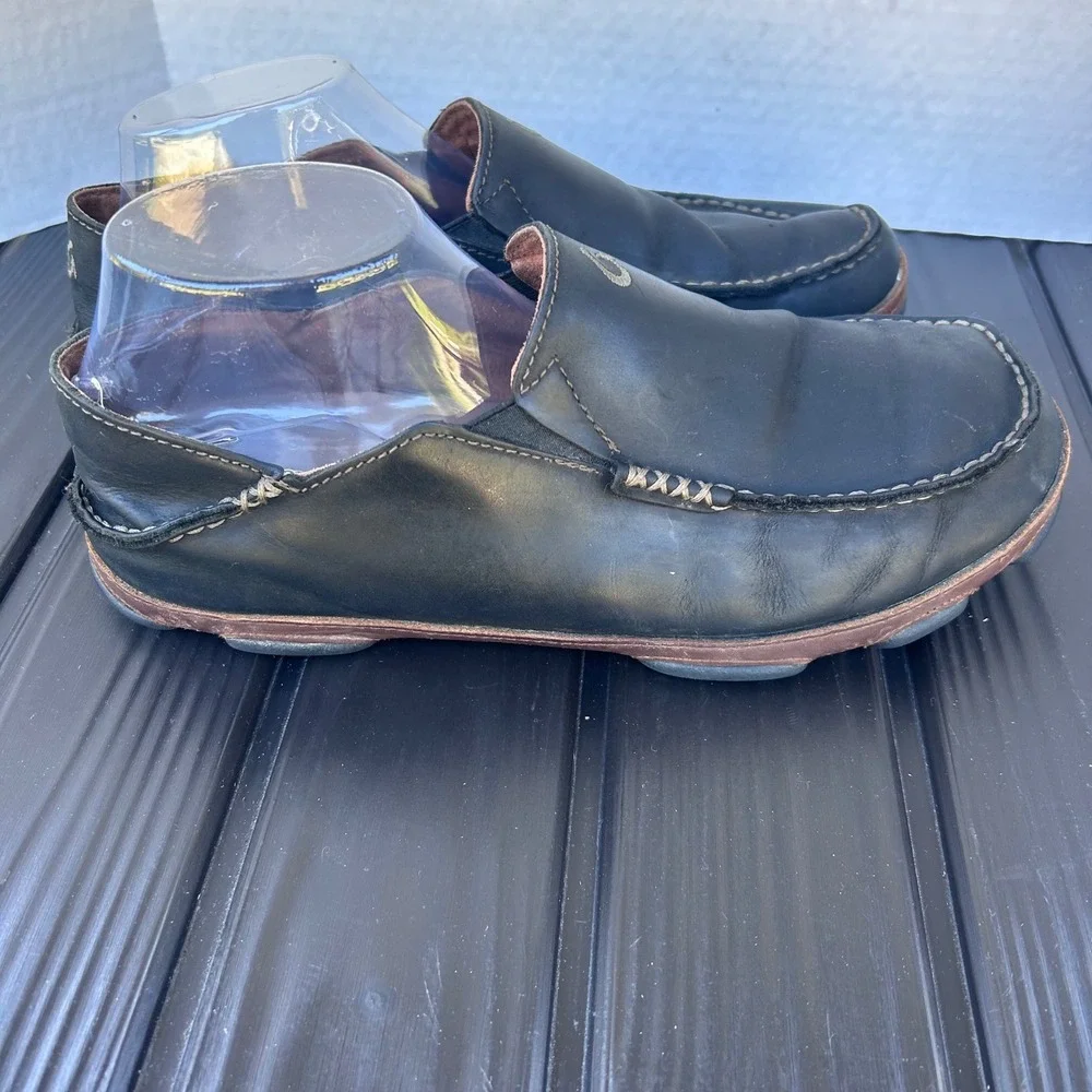 Olukai Moloa‎ Men's Black Leather Loafers Boat Shoes Size 10.5 Slip on's